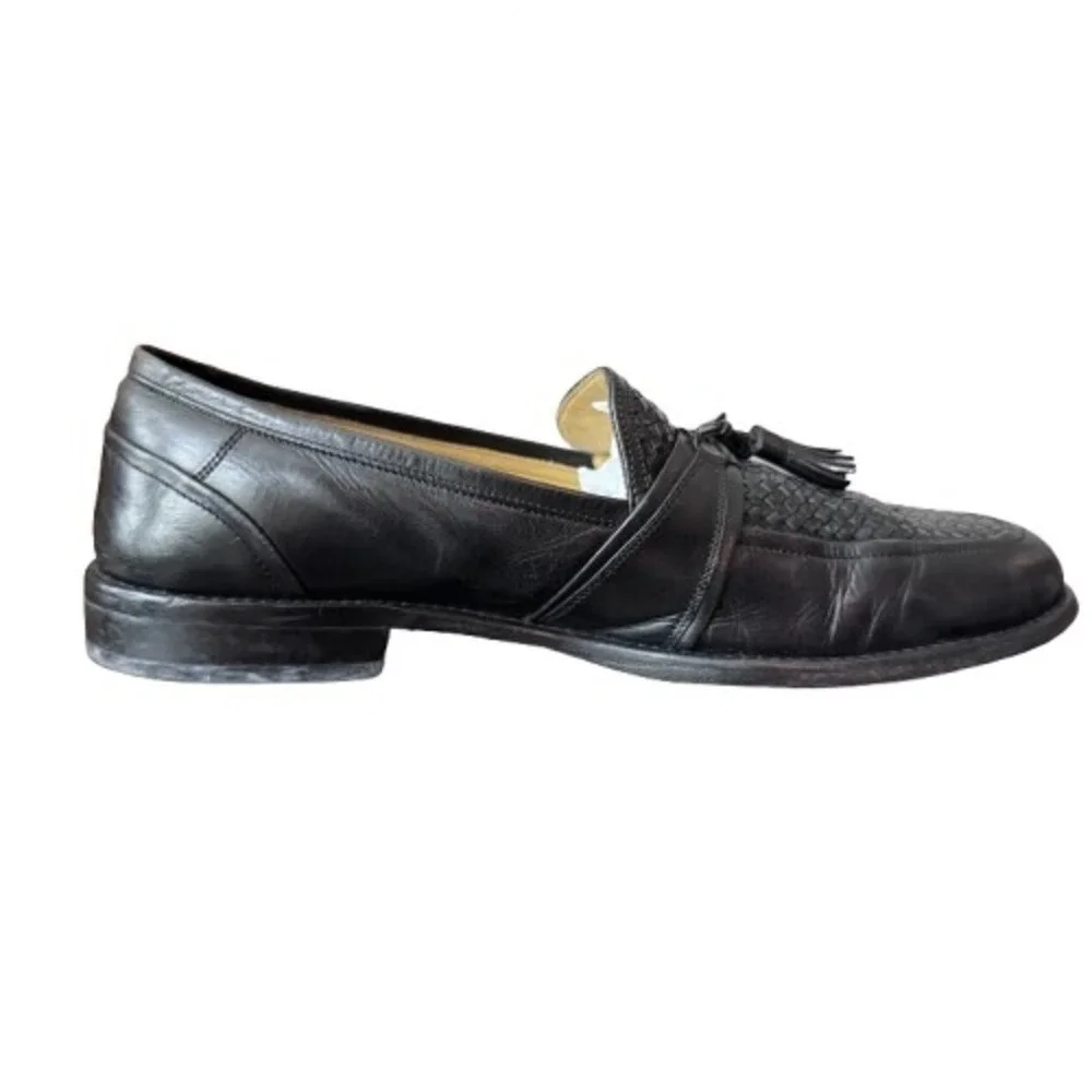 Johnston & Murphy 10.5 Black Leather Woven Tassel Loafer Shoes Mens Preppy - Picture 6 of 10